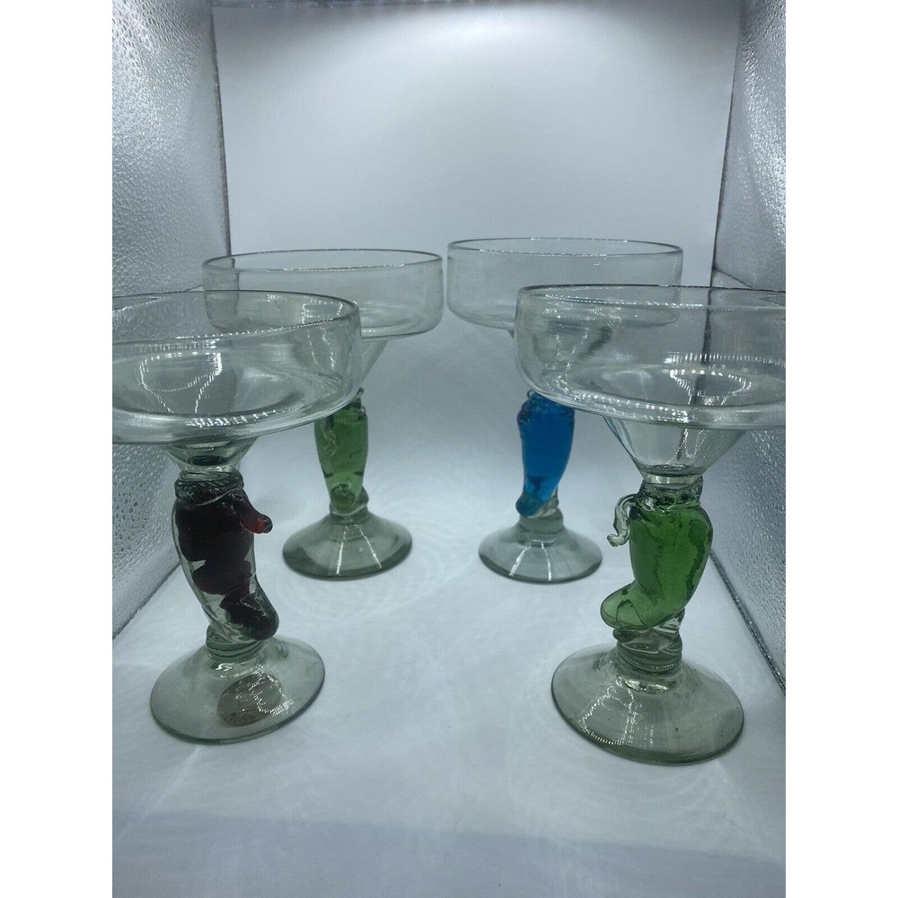 S.F. Glassworks Hand Blown(?) Pepper Stem Margarita Glass Set of Four